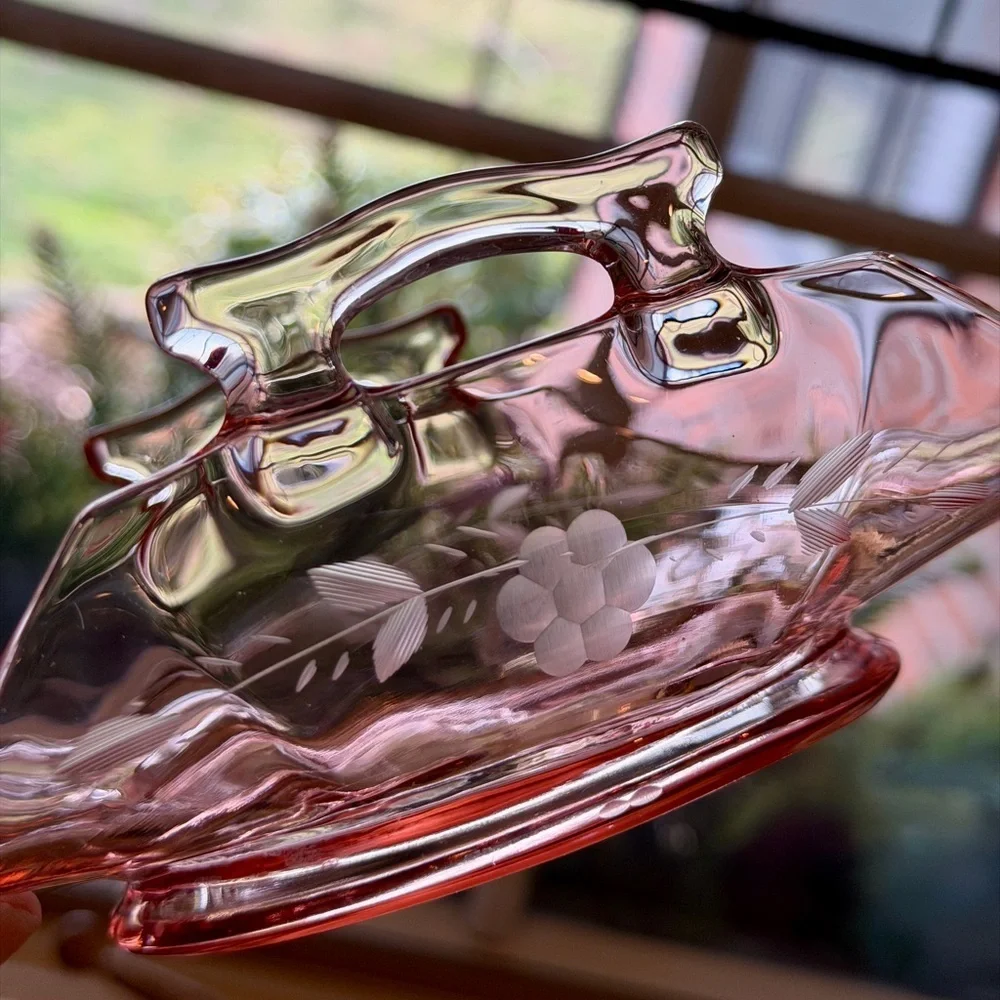 VINTAGE, PINK DEPRESSION GLASS DISH WITH FLORAL ETCHING ON SIDES